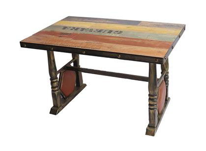實木餐桌面鐵藝復古西餐桌_銅釘貼片圍邊餐桌